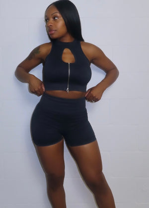 Charcoal Black Zip Vest Short Set